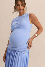 Driftly | Naida Light Blue Round-Neck Maternity Maxi Dress With Draped Detailing
