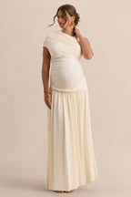 Naida Cream Round-Neck Maternity Maxi Dress With Draped Detailing – front view