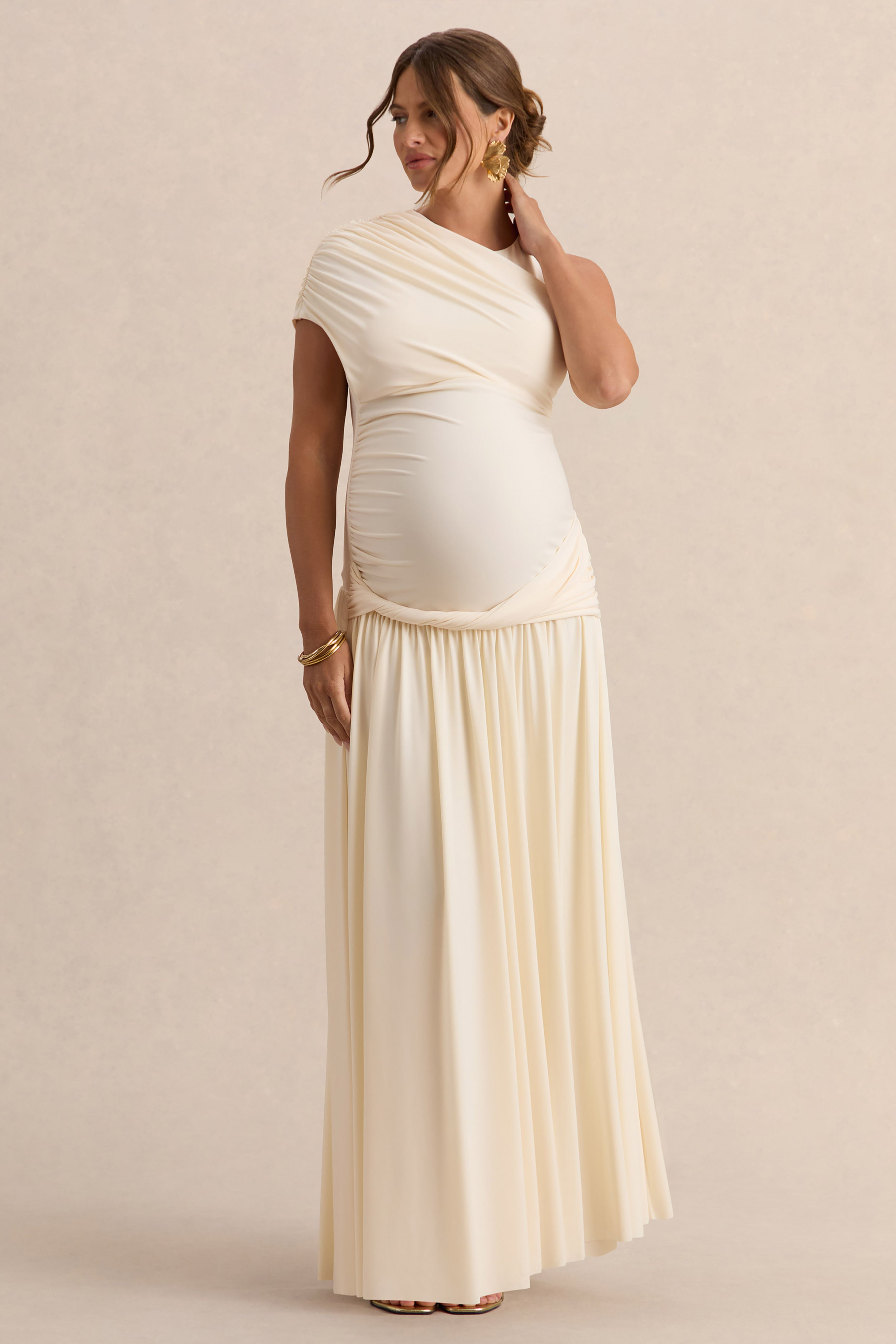 Naida Cream Round-Neck Maternity Maxi Dress With Draped Detailing – front view