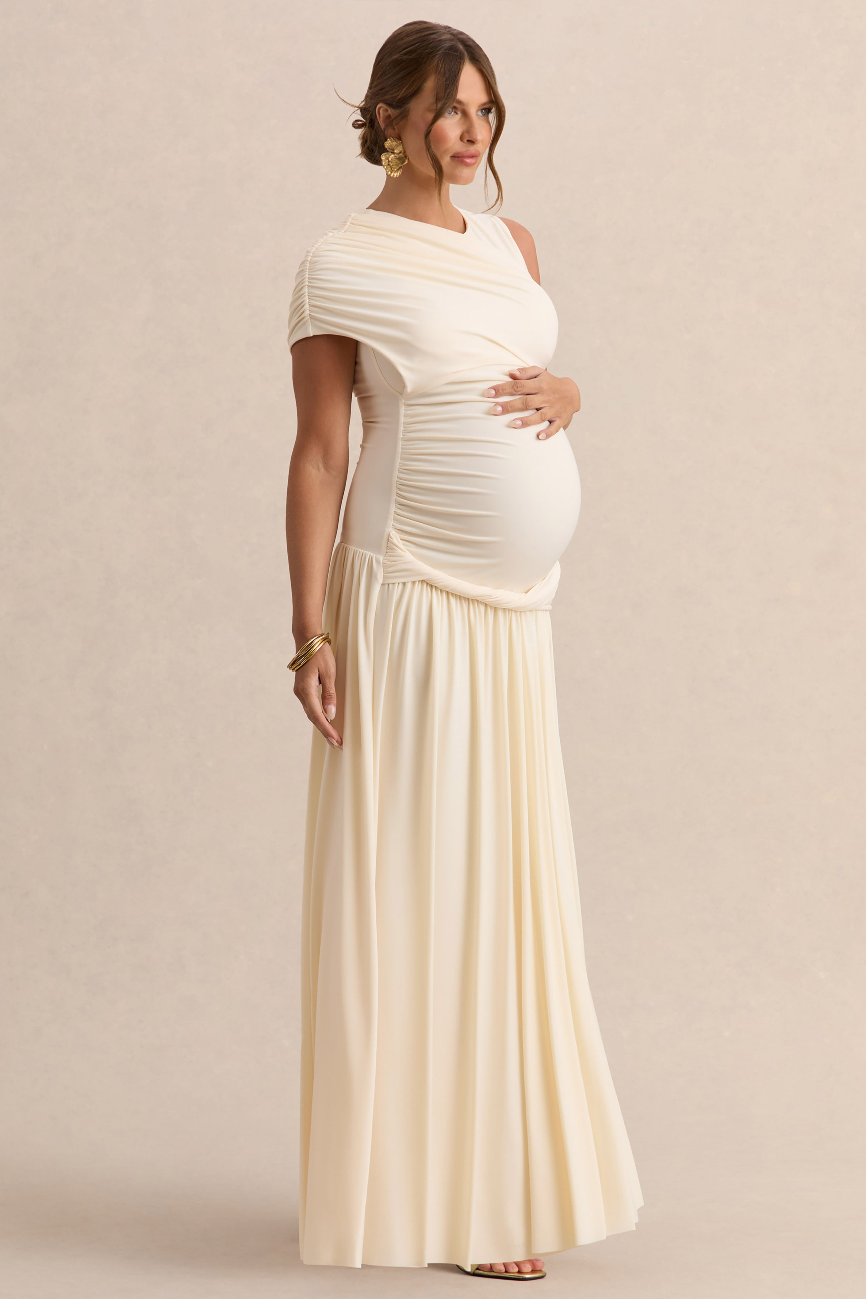 Naida Cream Round-Neck Maternity Maxi Dress With Draped Detailing – side view