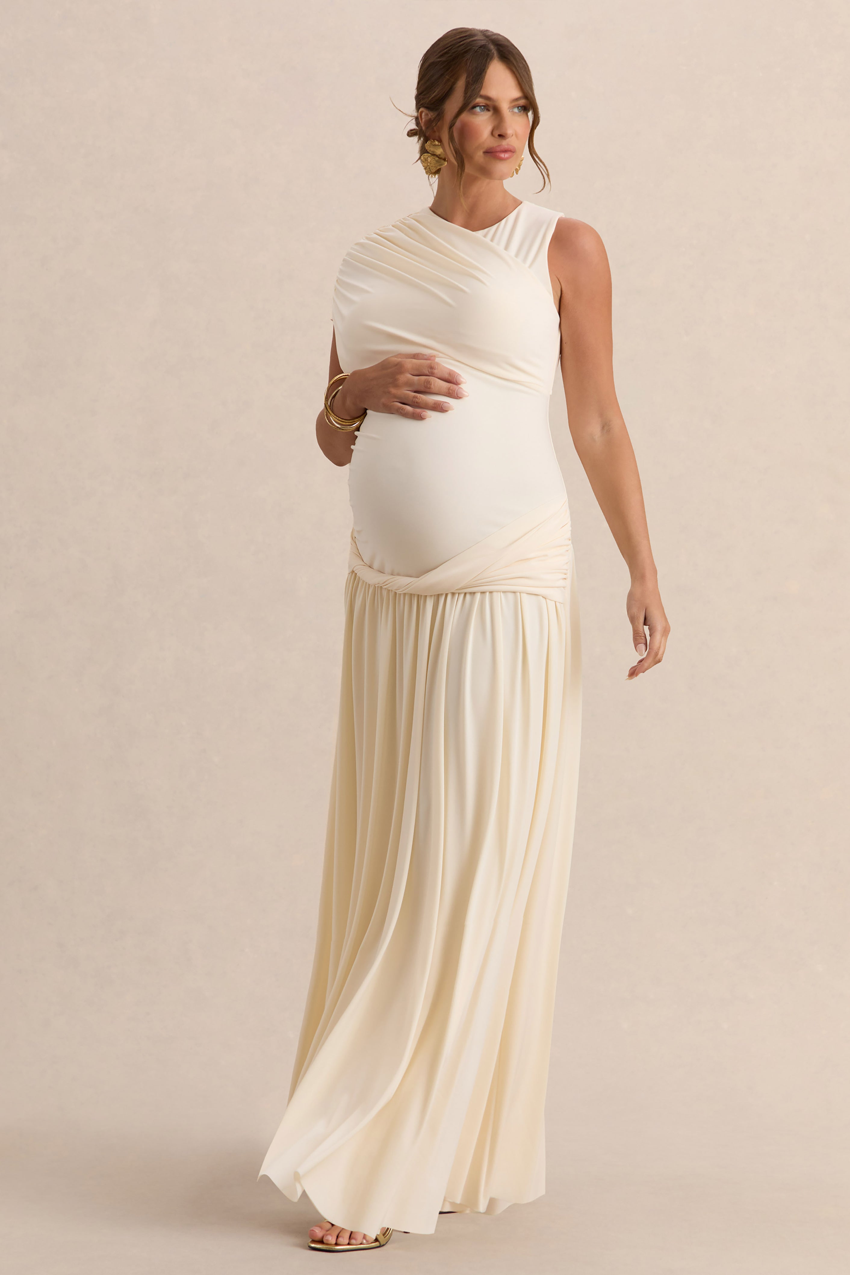 Naida Cream Round-Neck Maternity Maxi Dress With Draped Detailing – back view