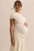 Naida Cream Round-Neck Maternity Maxi Dress With Draped Detailing – detail shot