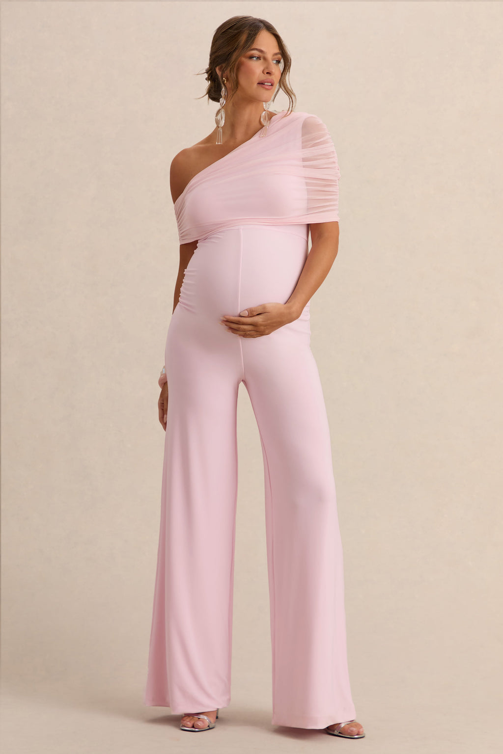Driftly | Mariska Light Pink Asymmetric-Neck Maternity Jumpsuit With Sash Detail