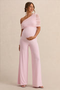 Driftly | Mariska Light Pink Asymmetric-Neck Maternity Jumpsuit With Sash Detail