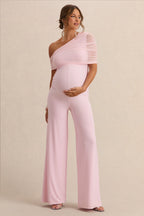 Driftly | Mariska Light Pink Asymmetric-Neck Maternity Jumpsuit With Sash Detail