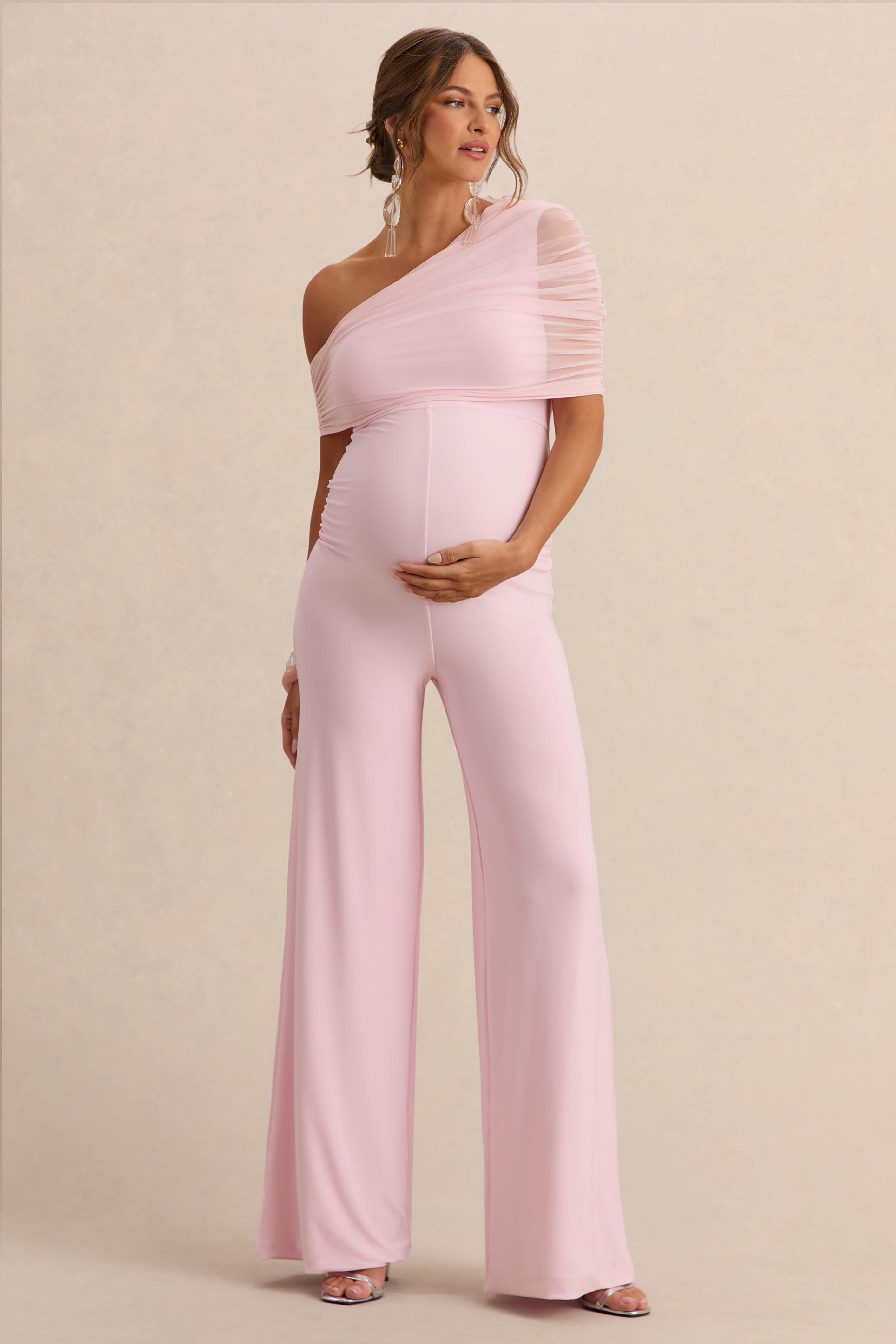 Driftly | Mariska Light Pink Asymmetric-Neck Maternity Jumpsuit With Sash Detail