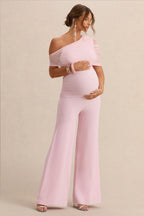 Driftly | Mariska Light Pink Asymmetric-Neck Maternity Jumpsuit With Sash Detail