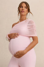 Driftly | Mariska Light Pink Asymmetric-Neck Maternity Jumpsuit With Sash Detail
