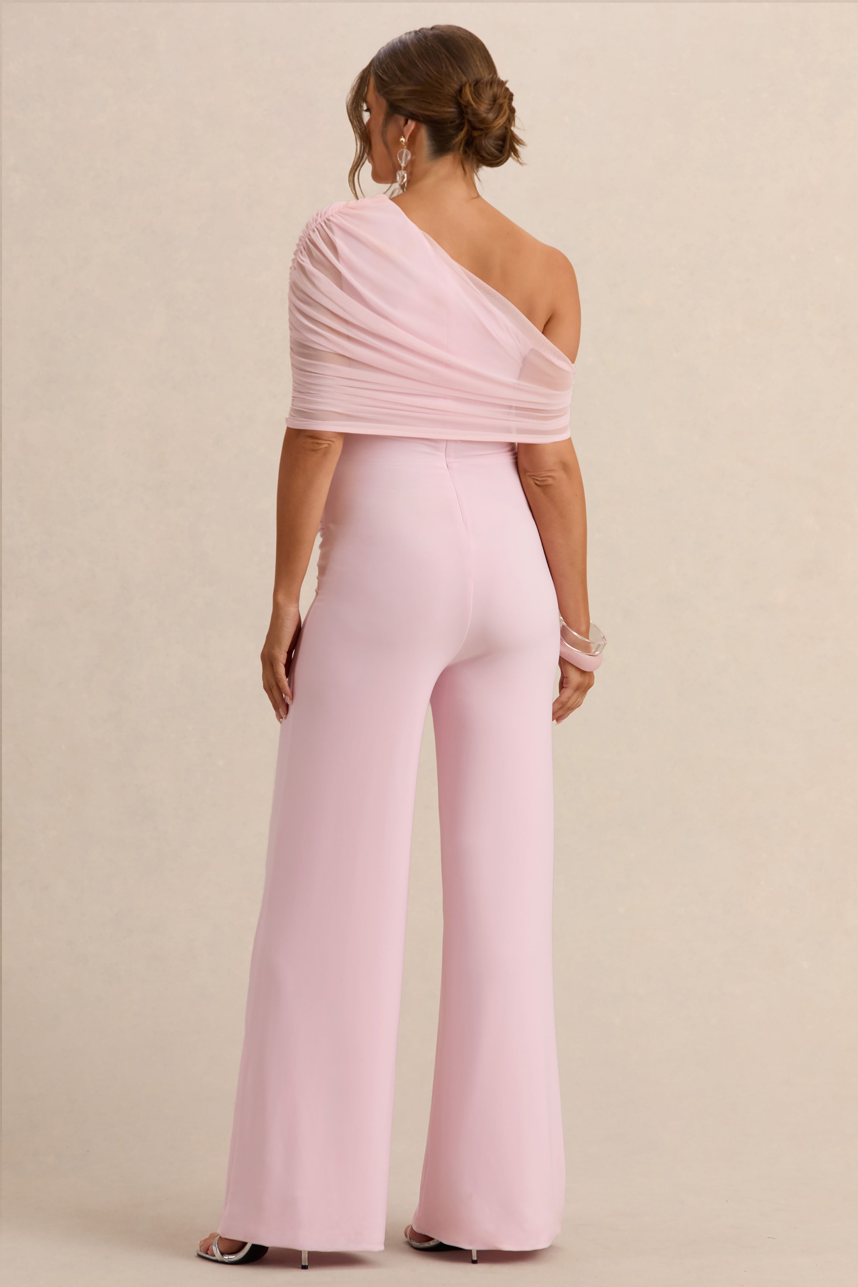 Driftly | Mariska Light Pink Asymmetric-Neck Maternity Jumpsuit With Sash Detail