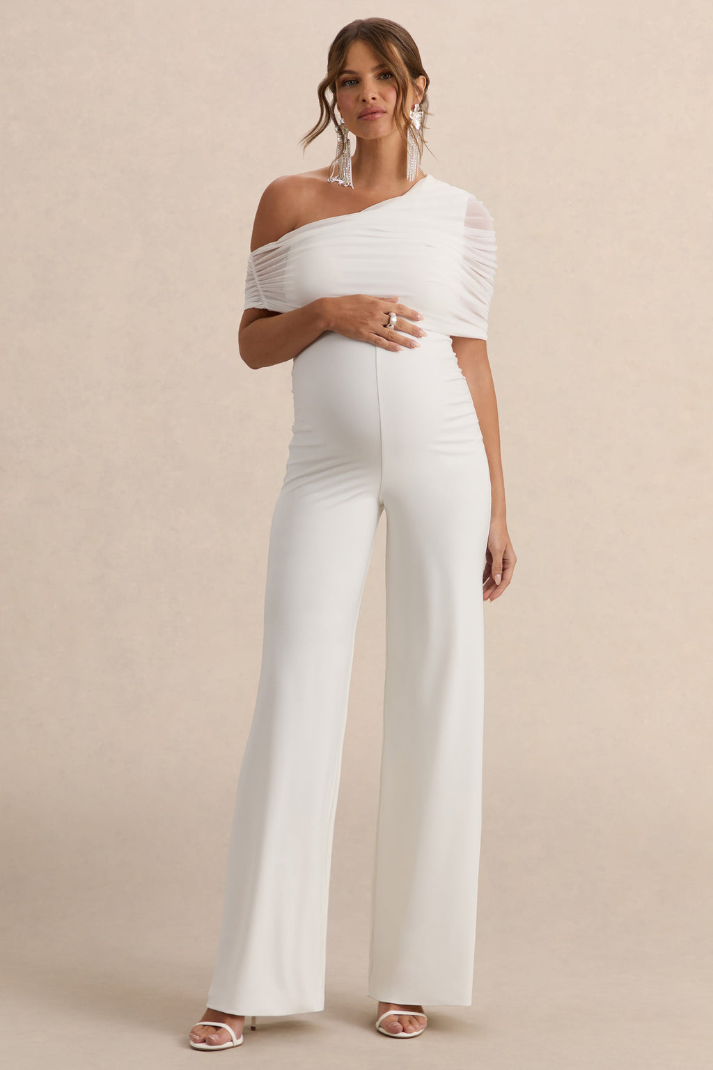 Driftly | Mariska White Asymmetric-Neck Maternity Jumpsuit