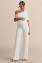 Driftly | Mariska White Asymmetric-Neck Maternity Jumpsuit