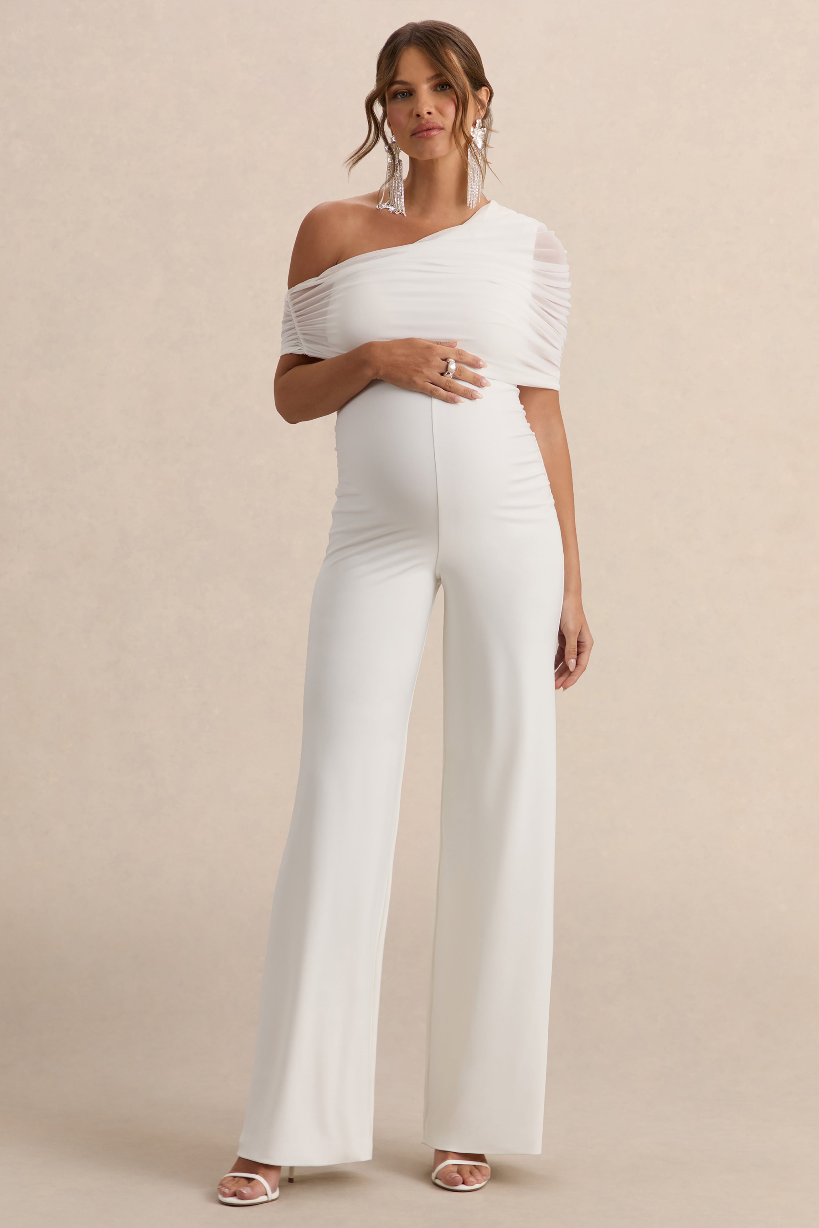 Driftly | Mariska White Asymmetric-Neck Maternity Jumpsuit