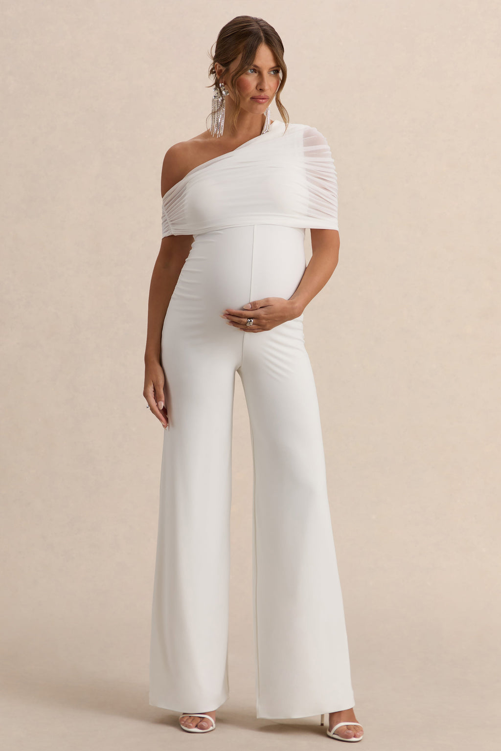 Driftly | Mariska White Asymmetric-Neck Maternity Jumpsuit