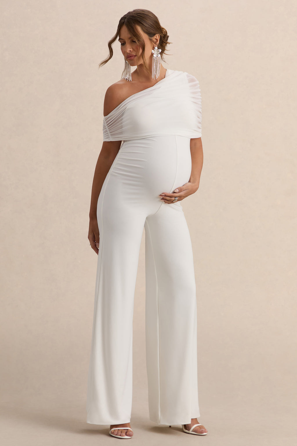 Driftly | Mariska White Asymmetric-Neck Maternity Jumpsuit