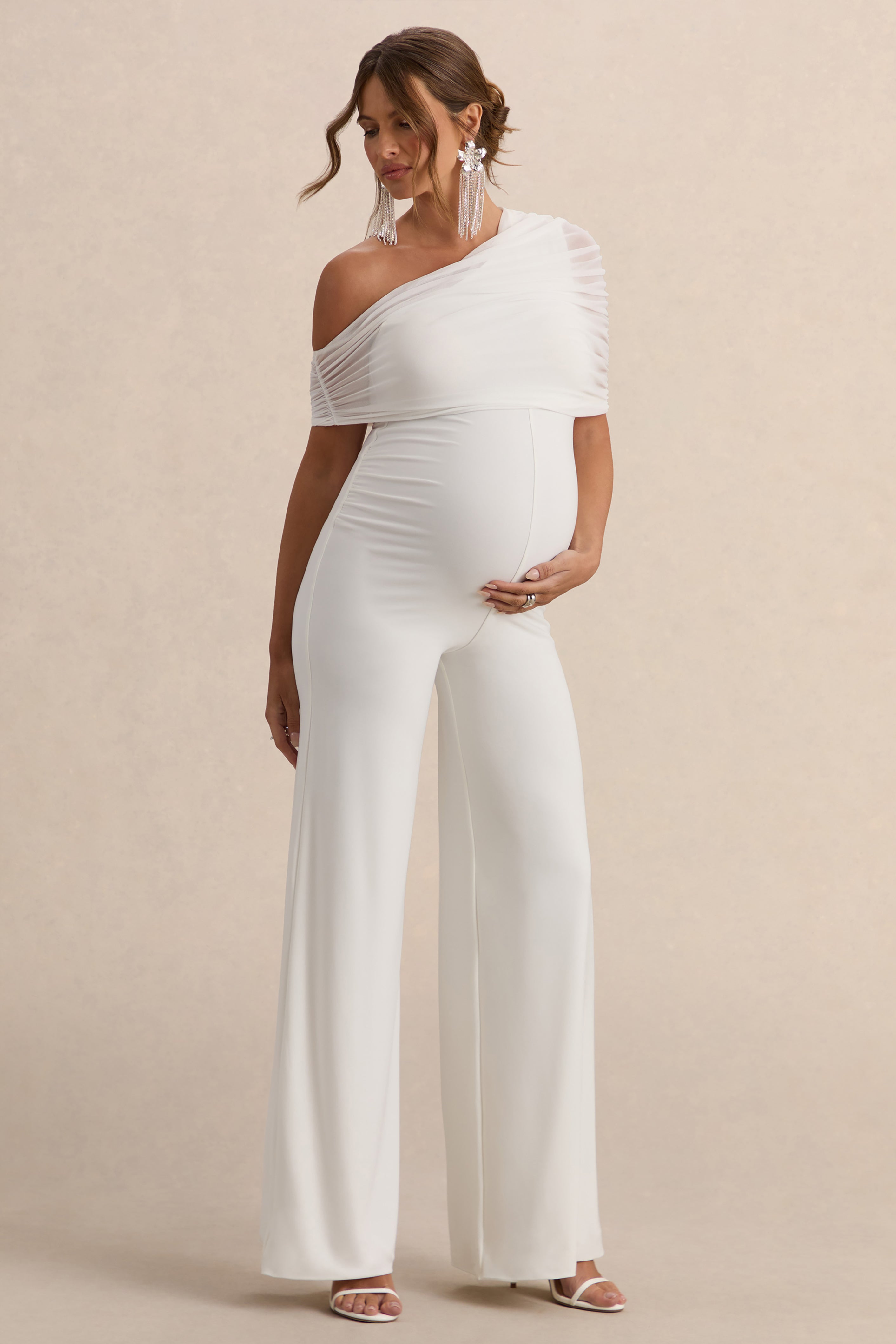 Driftly | Mariska White Asymmetric-Neck Maternity Jumpsuit