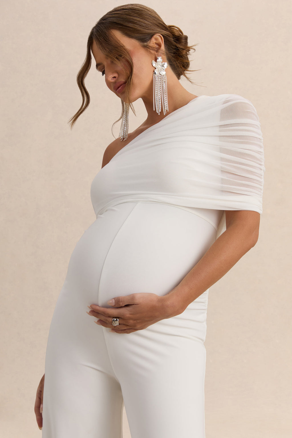 Driftly | Mariska White Asymmetric-Neck Maternity Jumpsuit