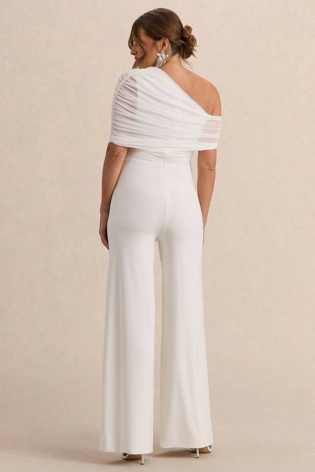 Driftly | Mariska White Asymmetric-Neck Maternity Jumpsuit