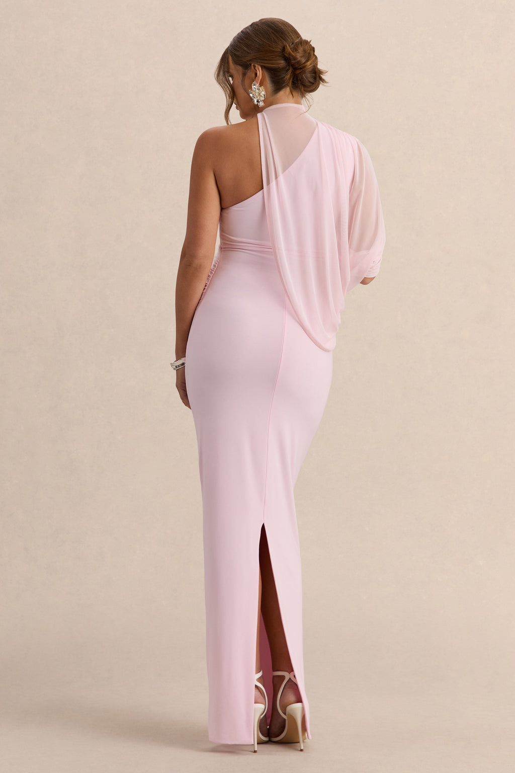 Driftly | Merella Light Pink High Neck Maternity Maxi Dress With Cape Sleeve