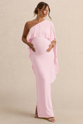 Cicely Light Pink Asymmetric-Neck Maternity Maxi Dress With Cape Sleeve – front view