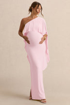 Cicely Light Pink Asymmetric-Neck Maternity Maxi Dress With Cape Sleeve – front view