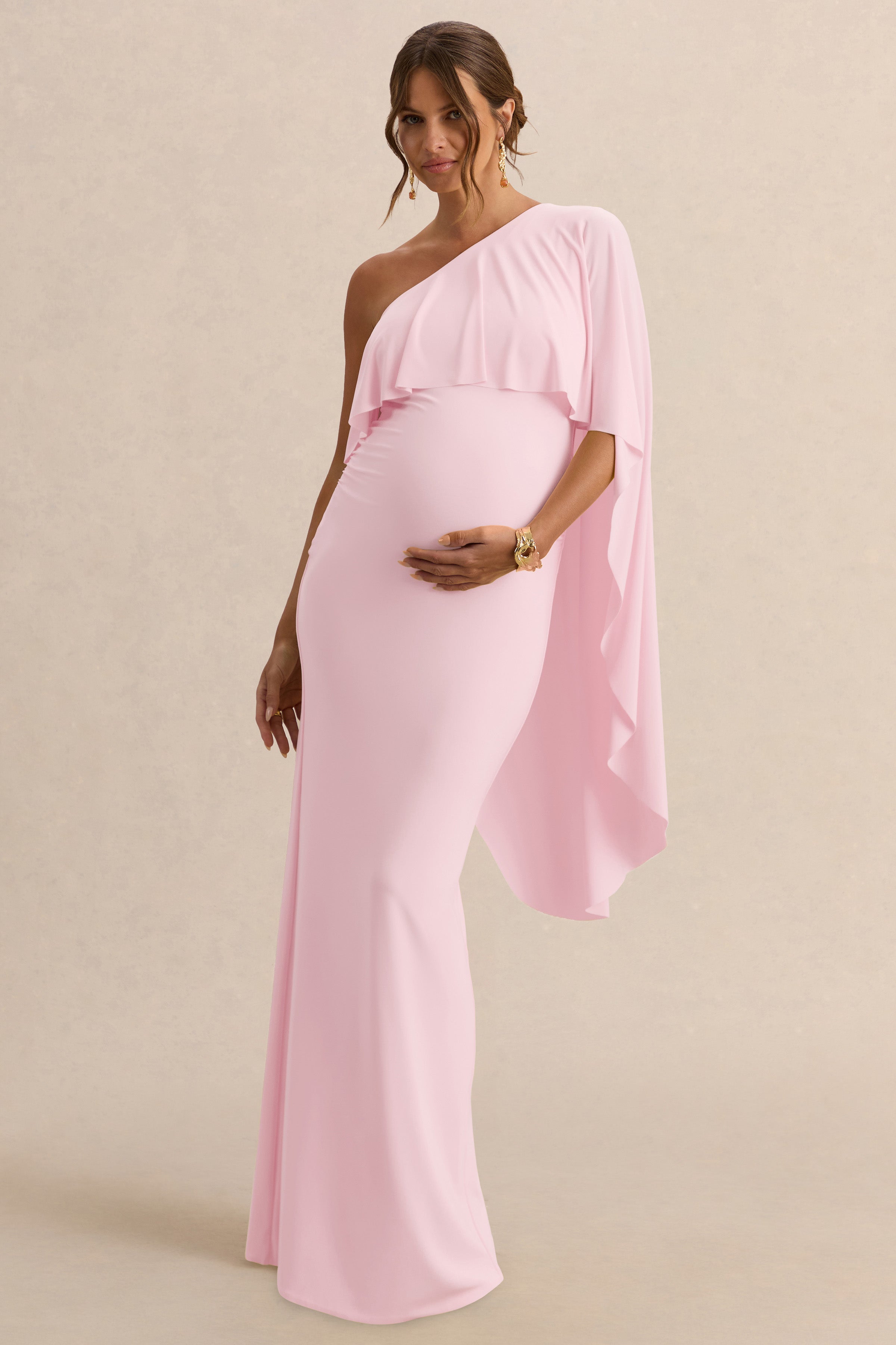 Cicely Light Pink Asymmetric-Neck Maternity Maxi Dress With Cape Sleeve – back view