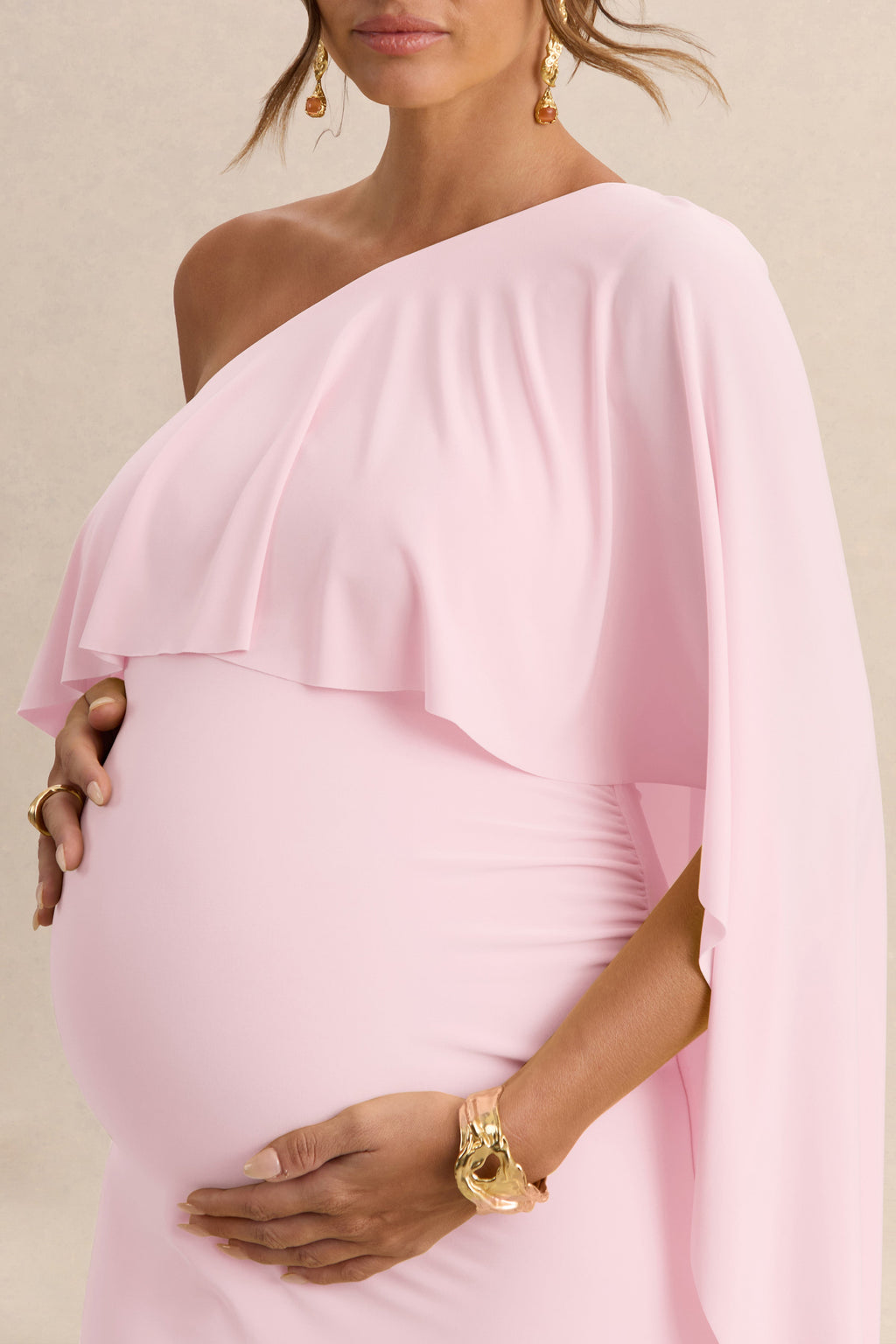 Cicely Light Pink Asymmetric-Neck Maternity Maxi Dress With Cape Sleeve – additional view