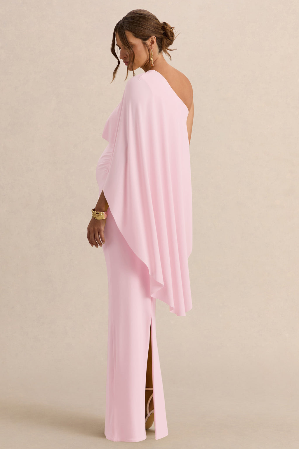 Cicely Light Pink Asymmetric-Neck Maternity Maxi Dress With Cape Sleeve – lifestyle photo