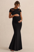 Driftly | Elin Black Bardot-Neck Maternity Maxi Dress