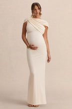 Driftly | Eulalia Cream Asymmetric-Neck Maternity Maxi Dress With Cape Detail