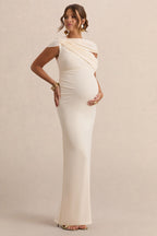 Driftly | Eulalia Cream Asymmetric-Neck Maternity Maxi Dress With Cape Detail
