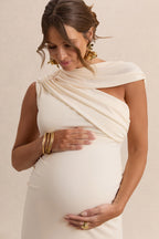Driftly | Eulalia Cream Asymmetric-Neck Maternity Maxi Dress With Cape Detail