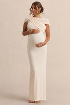 Driftly | Eulalia Cream Asymmetric-Neck Maternity Maxi Dress With Cape Detail