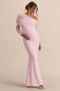 Driftly | Ianthe Light Pink Asymmetric-Neck Maternity Maxi Dress With Mesh Long Sleeves
