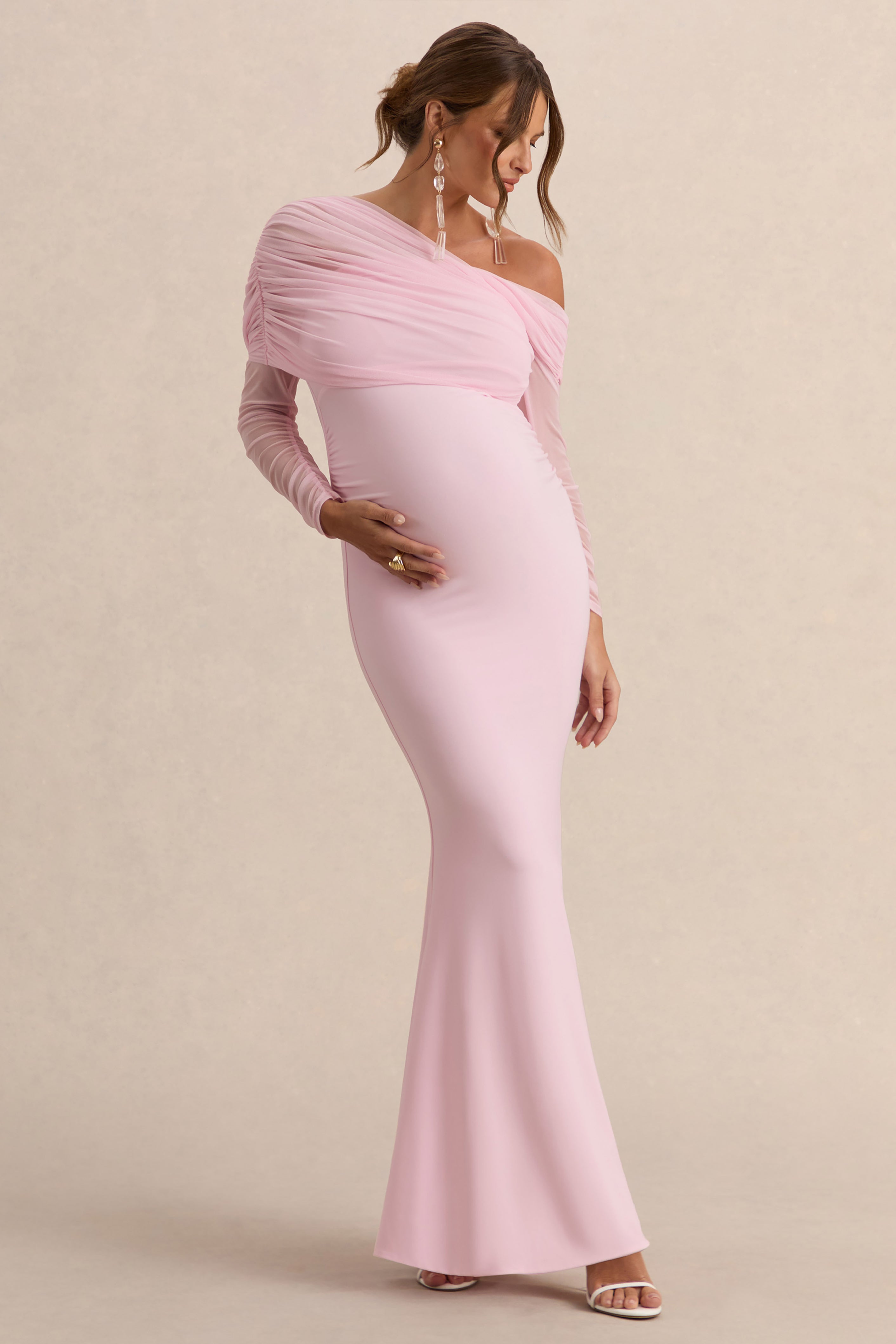 Driftly | Ianthe Light Pink Asymmetric-Neck Maternity Maxi Dress With Mesh Long Sleeves
