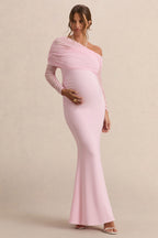 Driftly | Ianthe Light Pink Asymmetric-Neck Maternity Maxi Dress With Mesh Long Sleeves