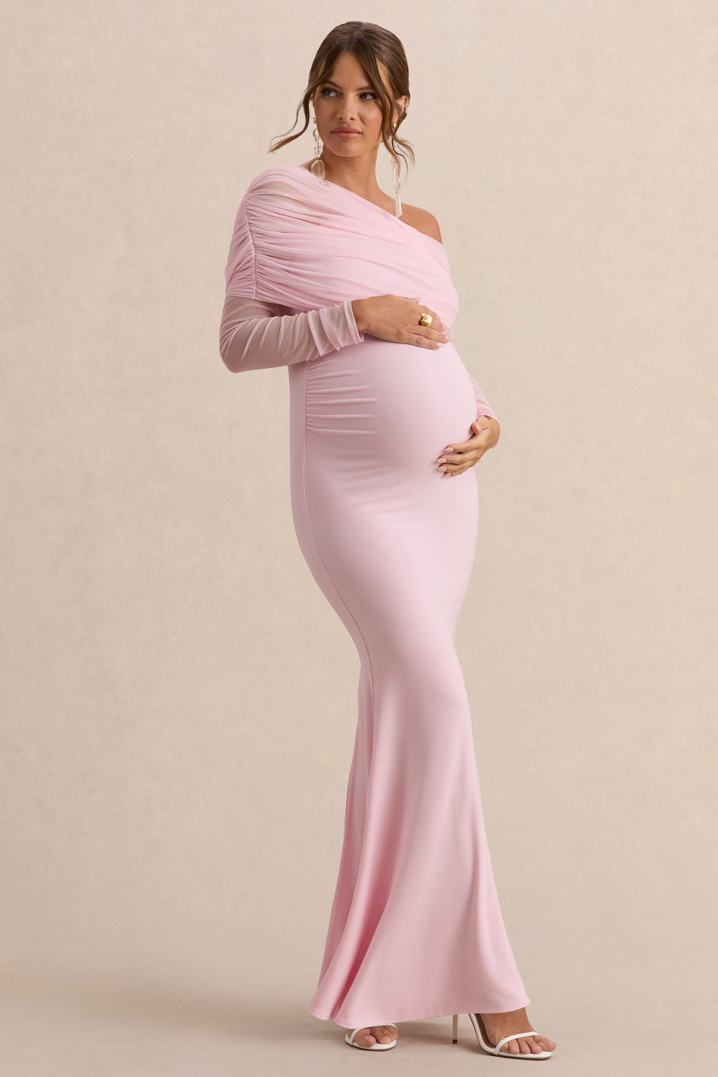 Driftly | Ianthe Light Pink Asymmetric-Neck Maternity Maxi Dress With Mesh Long Sleeves