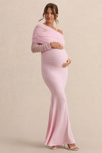 Driftly | Ianthe Light Pink Asymmetric-Neck Maternity Maxi Dress With Mesh Long Sleeves