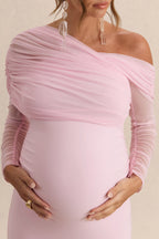 Driftly | Ianthe Light Pink Asymmetric-Neck Maternity Maxi Dress With Mesh Long Sleeves