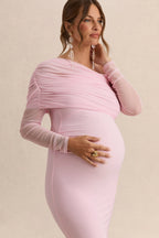 Driftly | Ianthe Light Pink Asymmetric-Neck Maternity Maxi Dress With Mesh Long Sleeves
