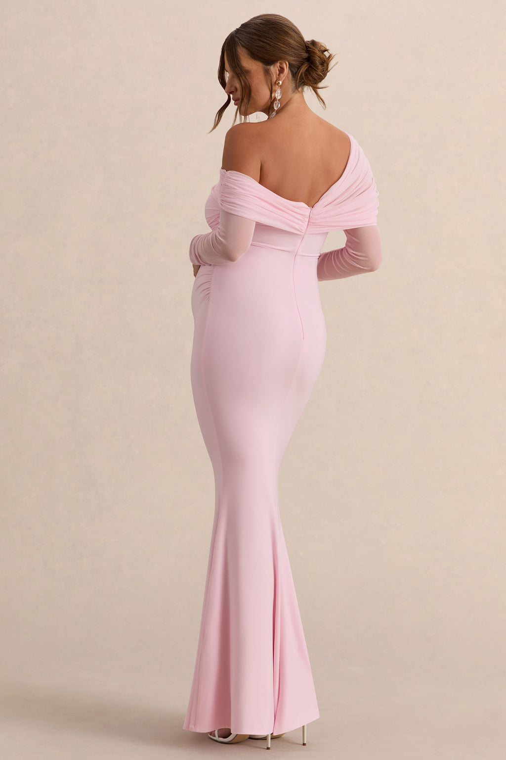 Driftly | Ianthe Light Pink Asymmetric-Neck Maternity Maxi Dress With Mesh Long Sleeves