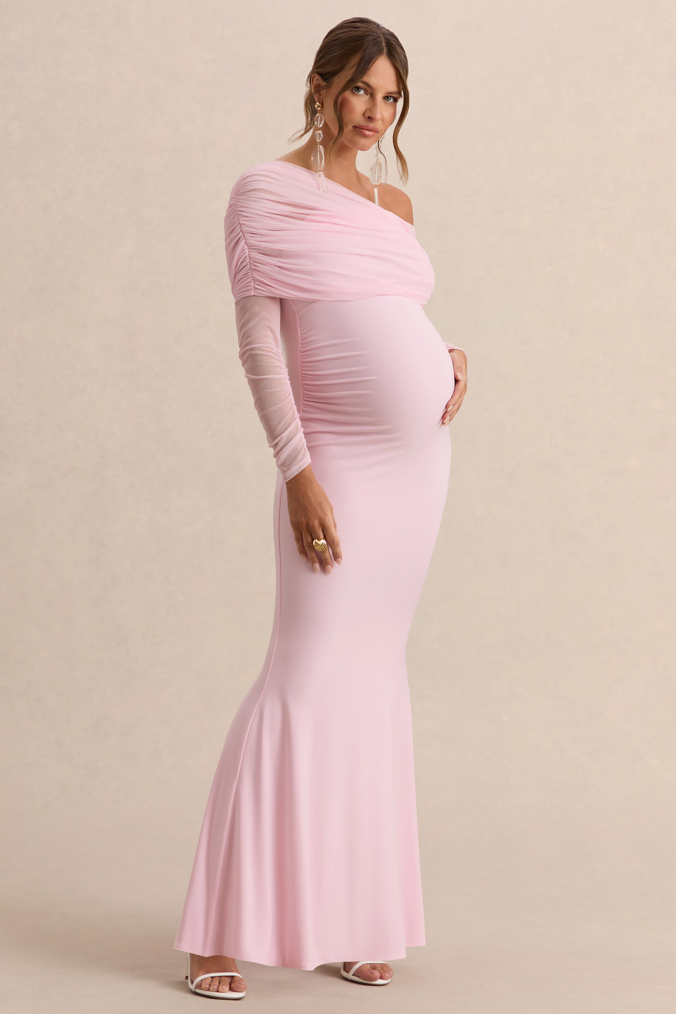Driftly | Ianthe Light Pink Asymmetric-Neck Maternity Maxi Dress With Mesh Long Sleeves