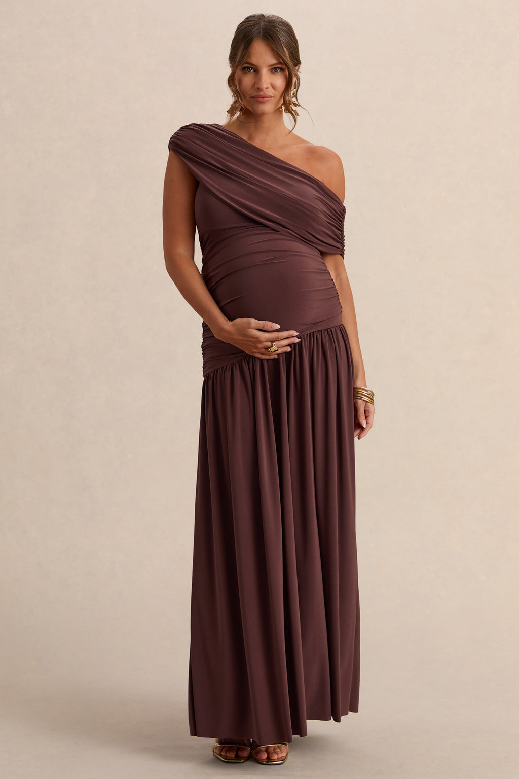 Marjorie Dark Brown Asymmetric-Neck Maternity Maxi Dress – front view