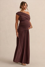 Marjorie Dark Brown Asymmetric-Neck Maternity Maxi Dress – side view