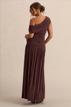 Marjorie Dark Brown Asymmetric-Neck Maternity Maxi Dress – lifestyle photo