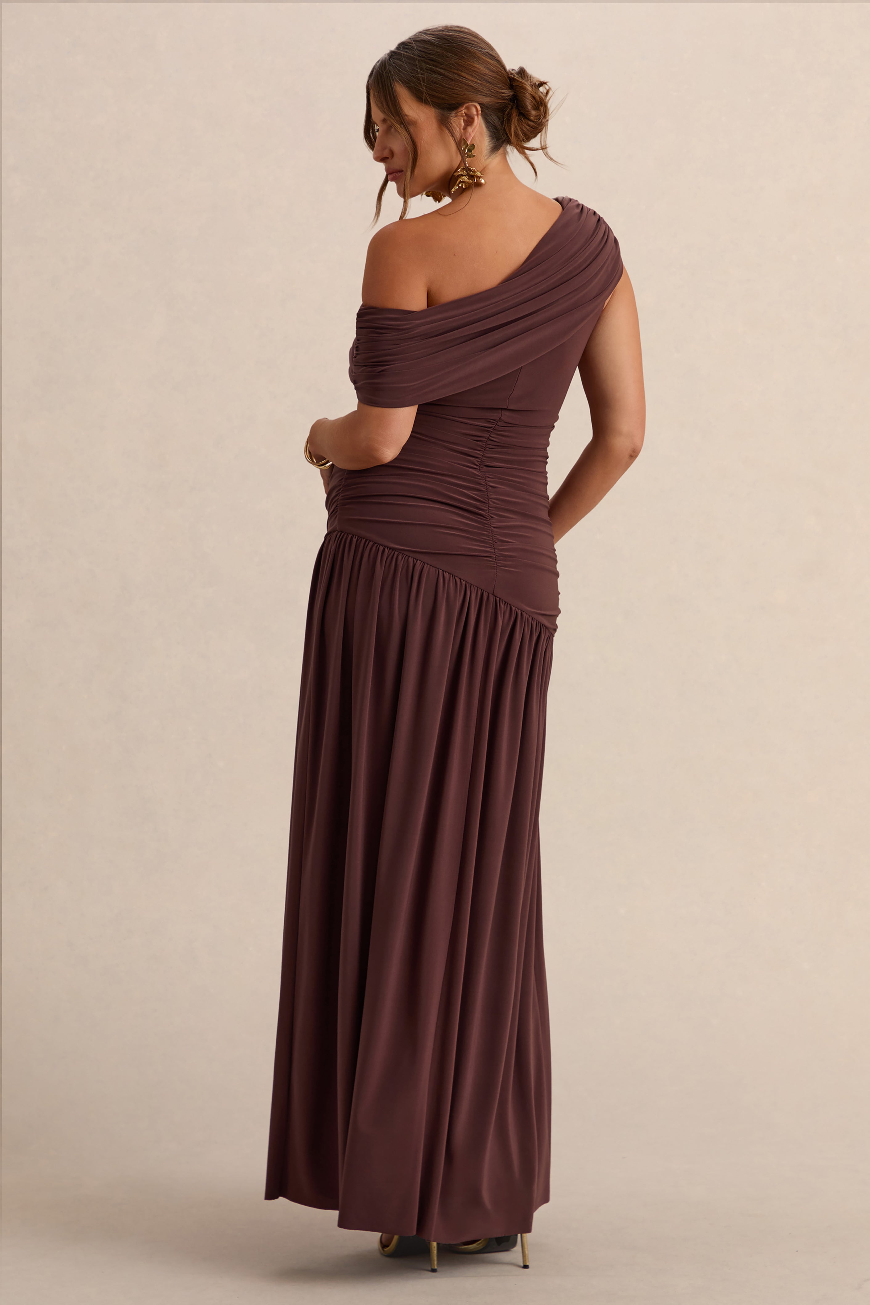 Marjorie Dark Brown Asymmetric-Neck Maternity Maxi Dress – lifestyle photo