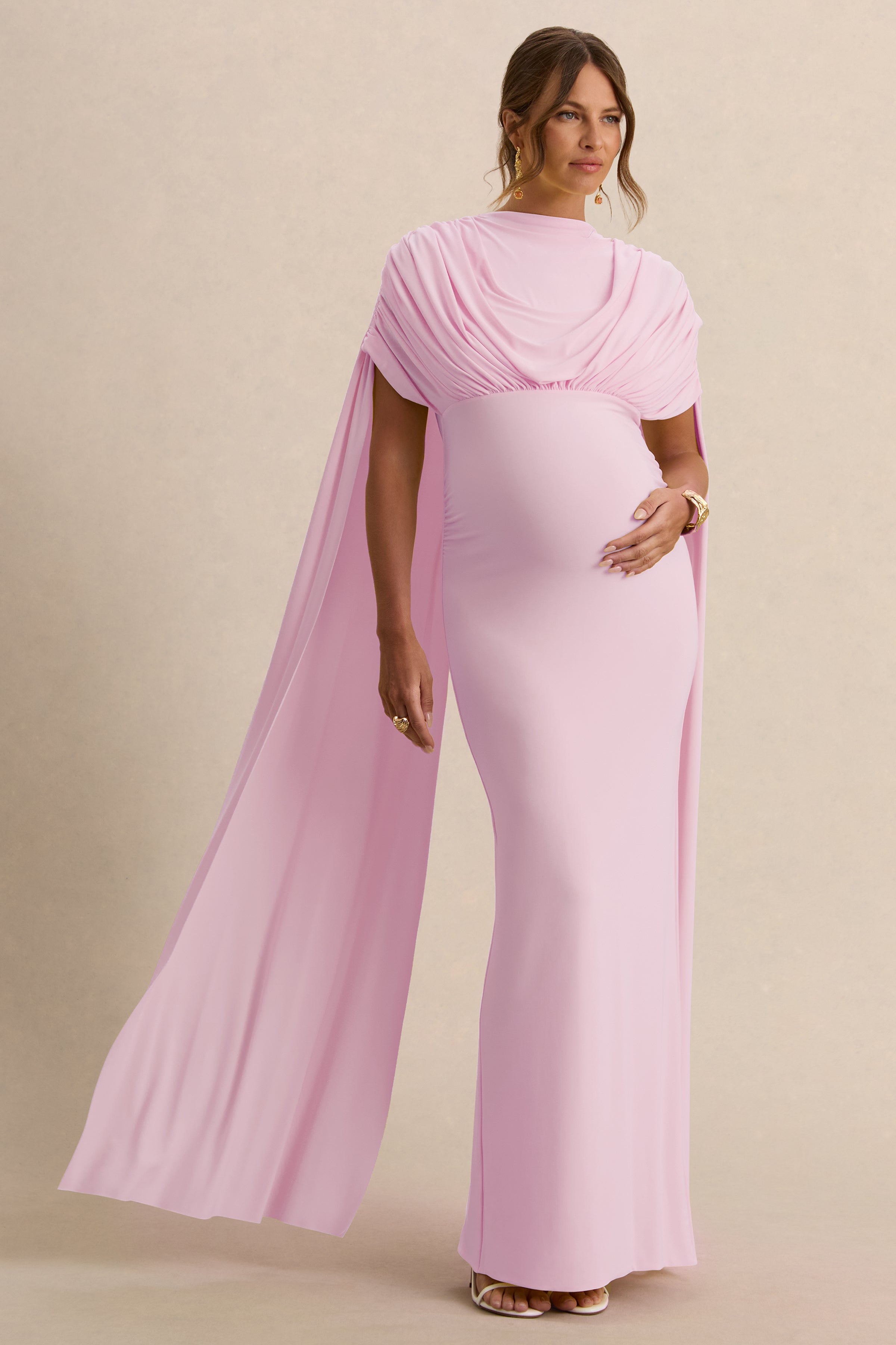 Driftly | Araminta Light Pink Bardot-Neck Maternity Maxi Dress With Cape Sleeves