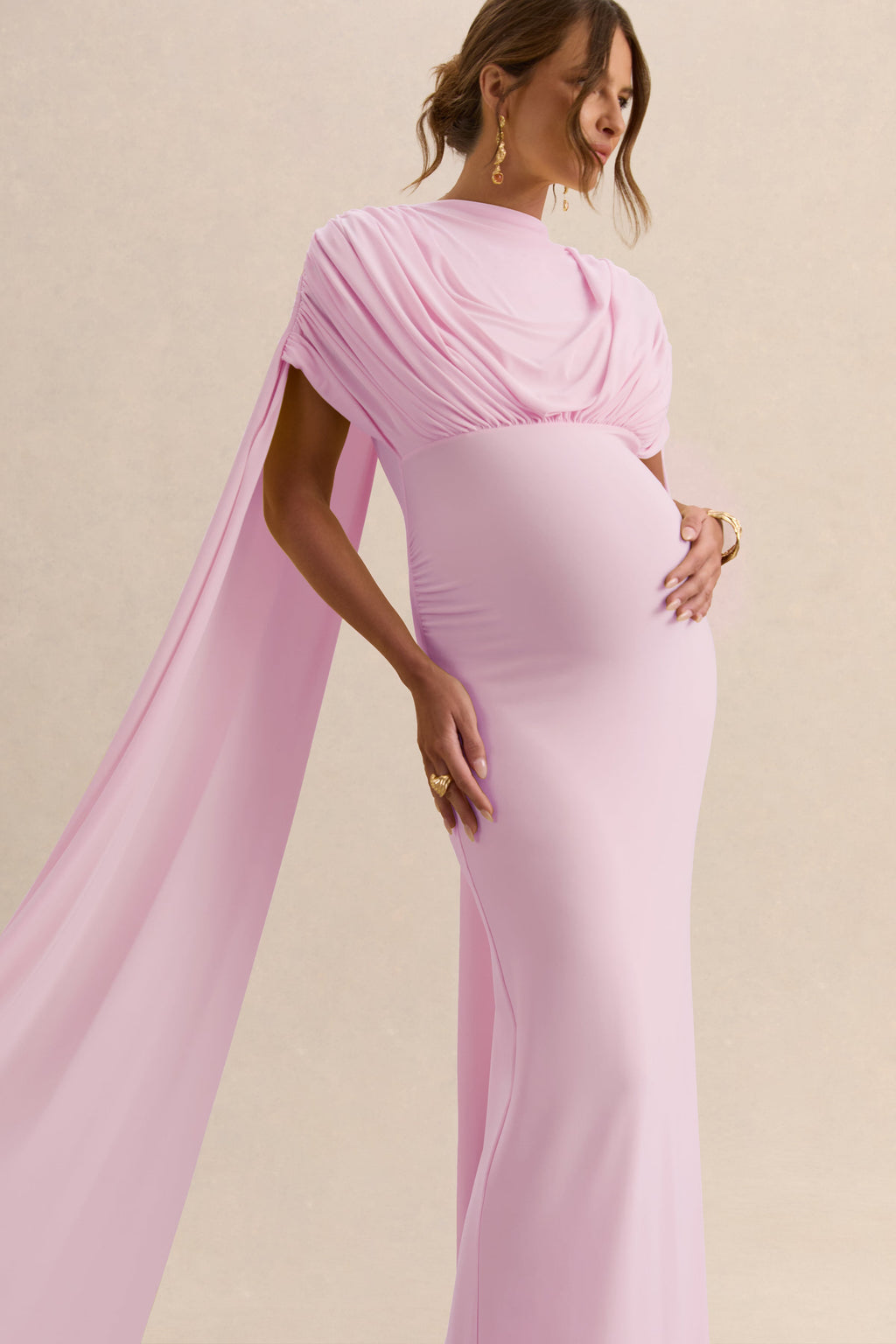 Driftly | Araminta Light Pink Bardot-Neck Maternity Maxi Dress With Cape Sleeves