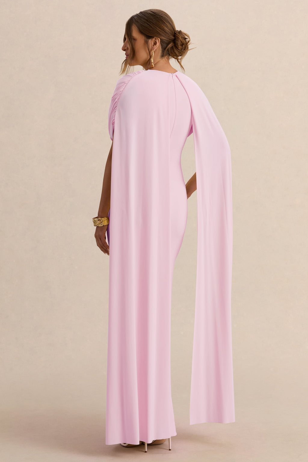 Driftly | Araminta Light Pink Bardot-Neck Maternity Maxi Dress With Cape Sleeves