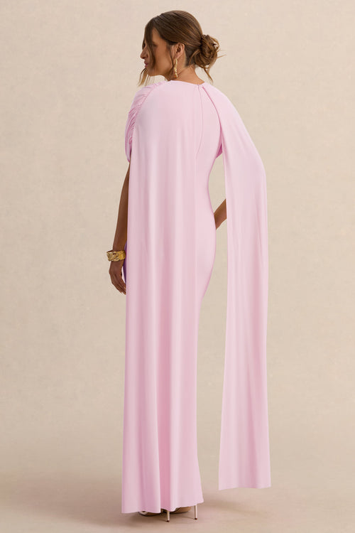 Driftly | Araminta Light Pink Bardot-Neck Maternity Maxi Dress With Cape Sleeves