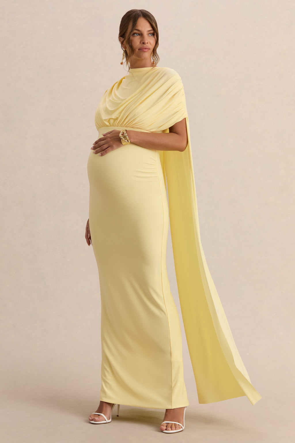 Driftly | Araminta Lemon Bardot-Neck Maternity Maxi Dress With Cape Sleeves